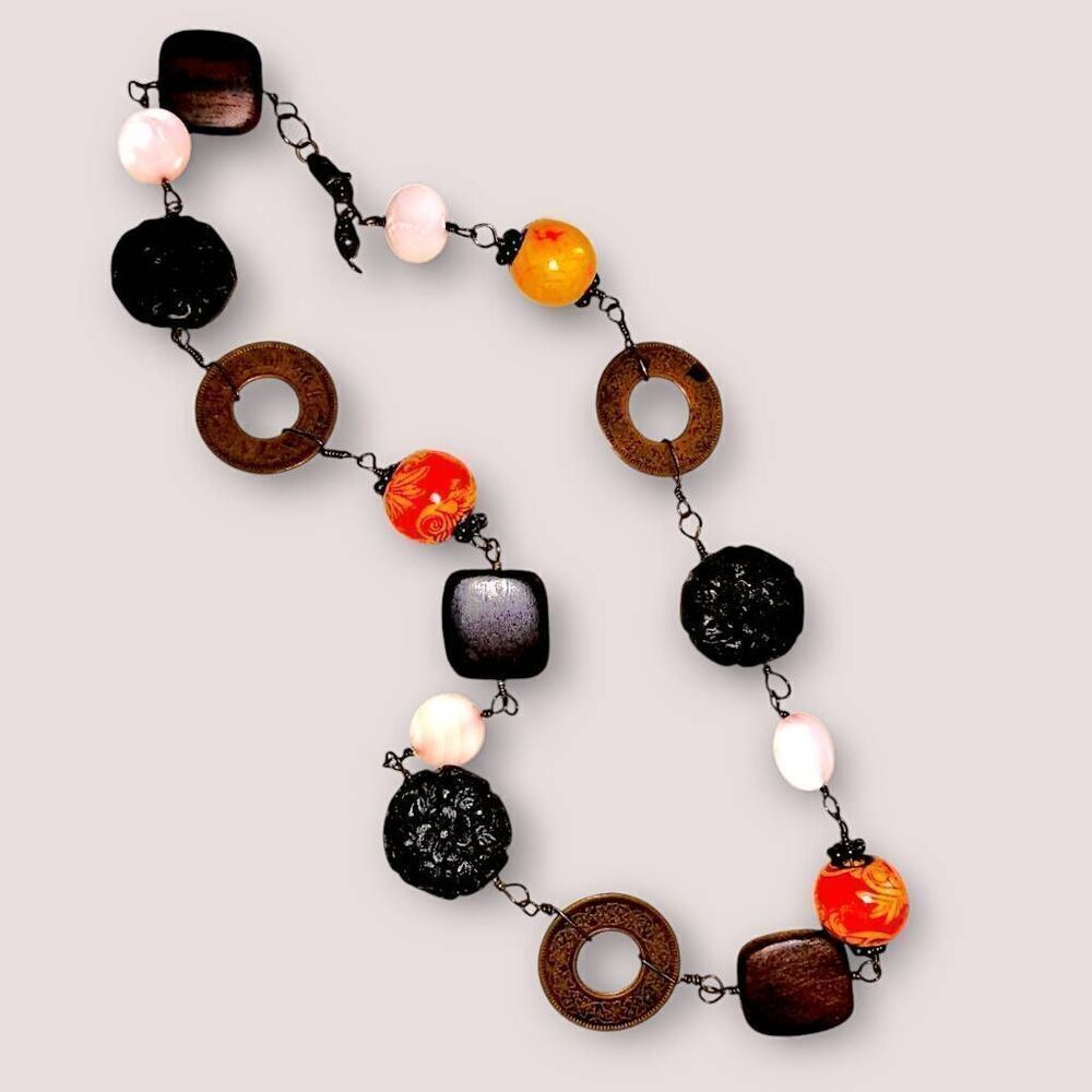 Hand Crafted Necklace Wood Shell Metal Wired Necklace Sterling Silver Clasp Long